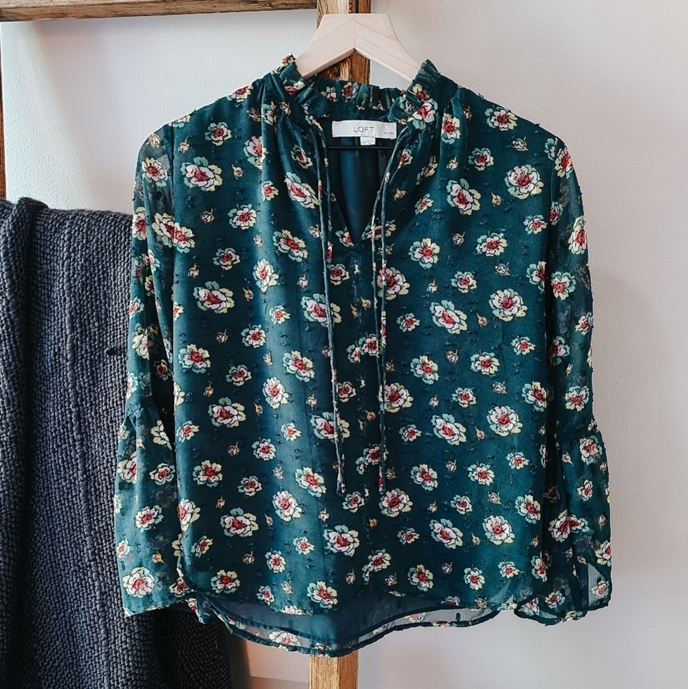 LOFT 70s Retro Floral Blouse with Bell Sleeves (Size XXSP)